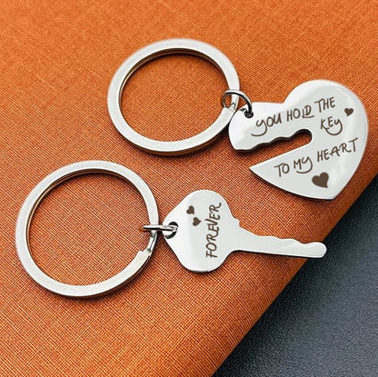 Stainless Steel Heart and Key Keychain Set