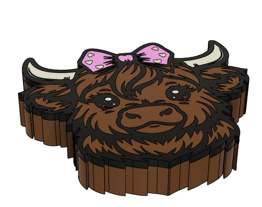 Highland Cow with Bow Pen Topper 3MF File | Cute Farm Animal Pen Accessory | 3D Print file